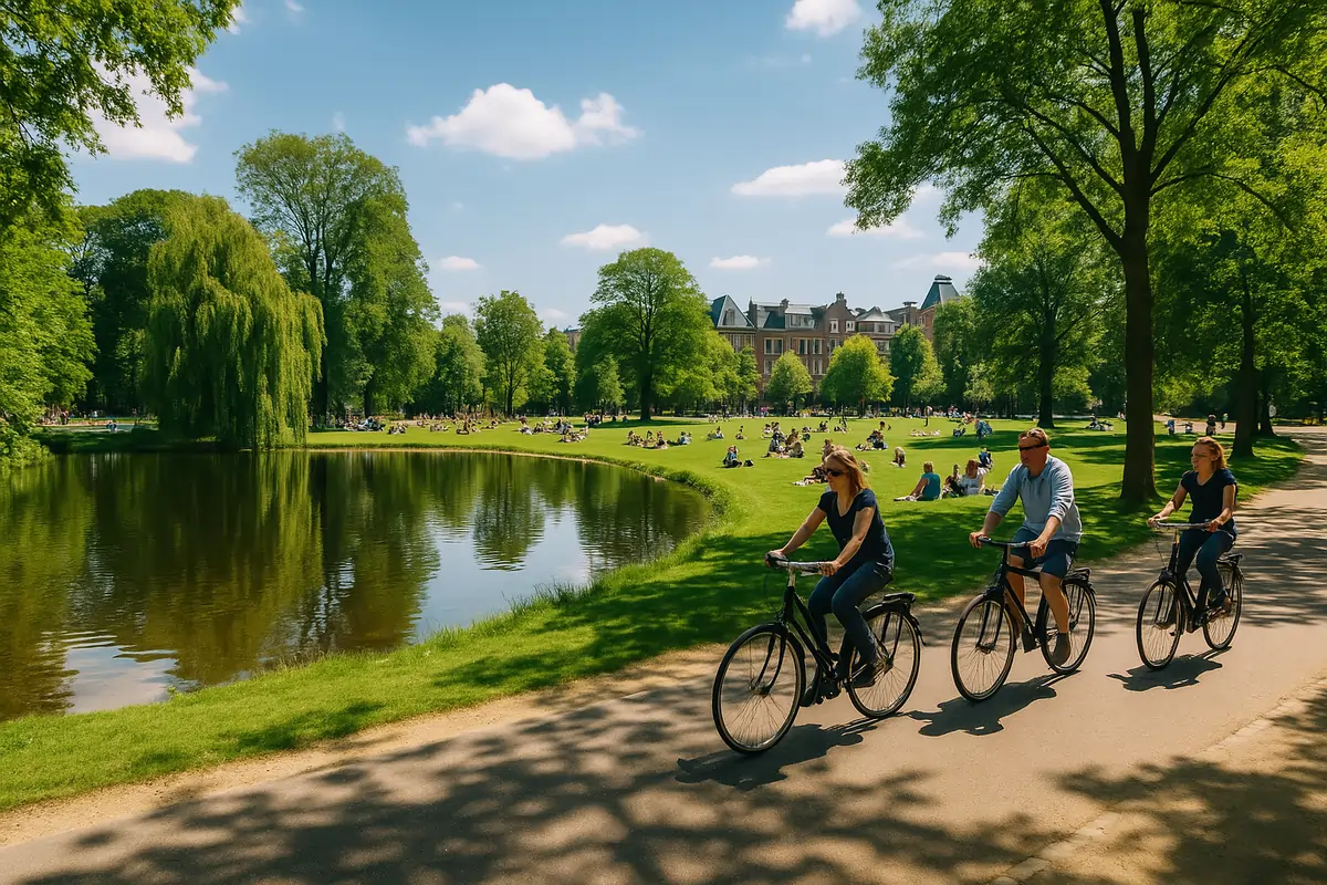 Cyclists riding beside a reflective pond in Vondelpark.