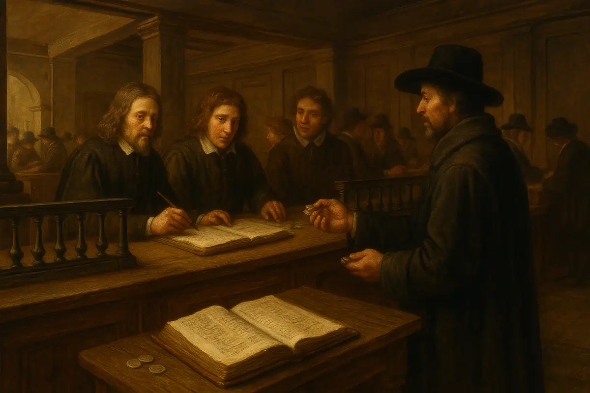 Amsterdam Exchange Bank interior with clerks and merchants at a transaction counter