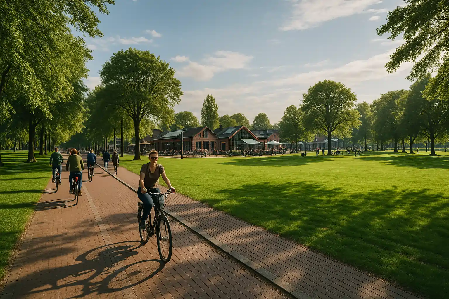 Wide landscape view of Westerpark in Amsterdam on a sunny afternoon with cyclists, walkers, and green lawns surrounded by trees and cafés.