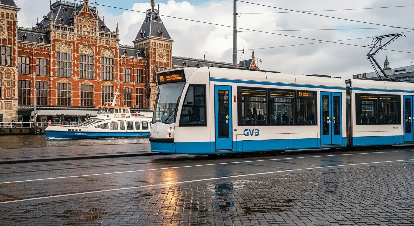 GVB electric tram in Amsterdam running on 100 percent renewable electricity near Central Station, symbolizing the city’s sustainable public transport system.
