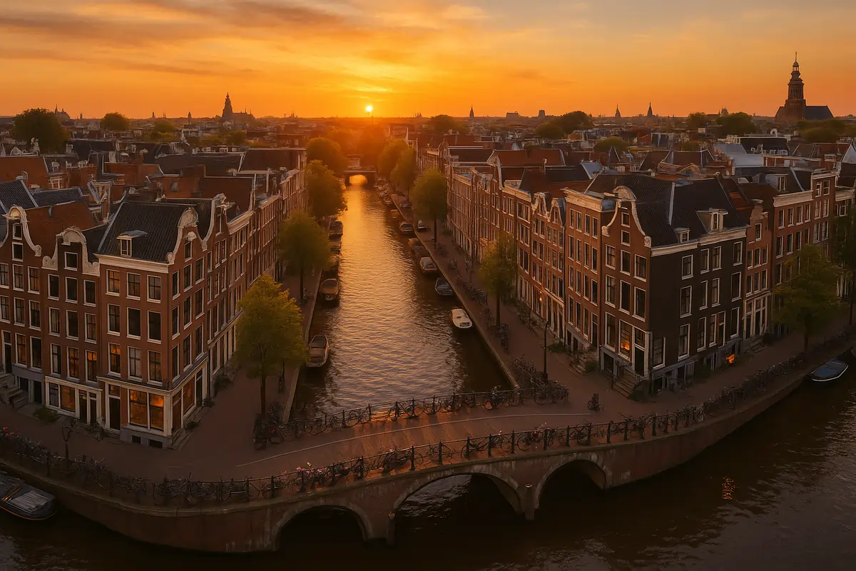 Aerial view of Amsterdam’s canal houses and bridges at sunset