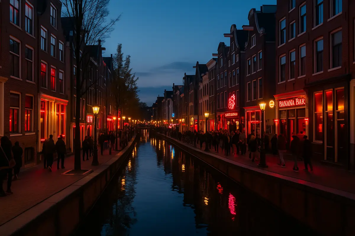 Amsterdam Red Light District at night with glowing neon signs, narrow canals, and historic buildings illuminated.