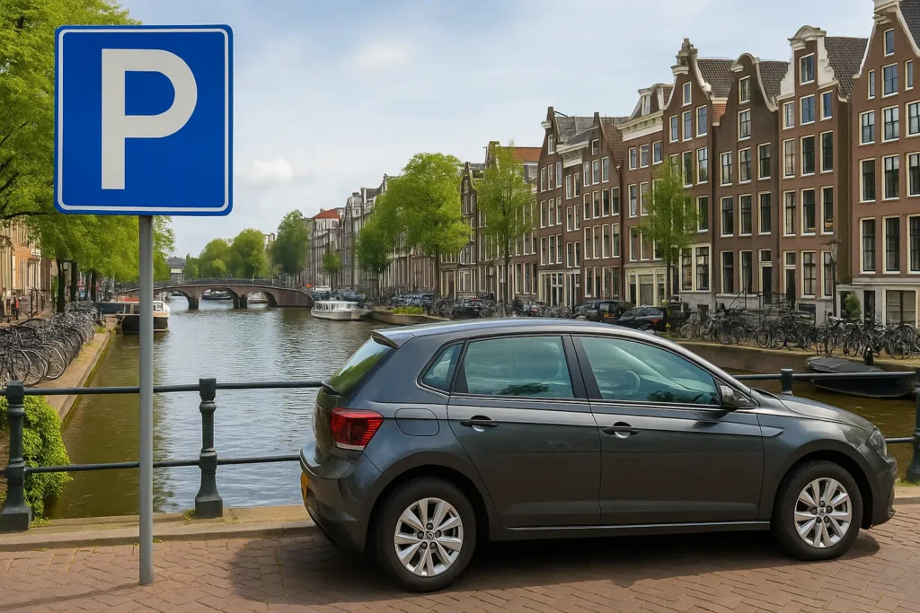 Free parking sign by a canal in Amsterdam with a parked car and historic Dutch houses in the background