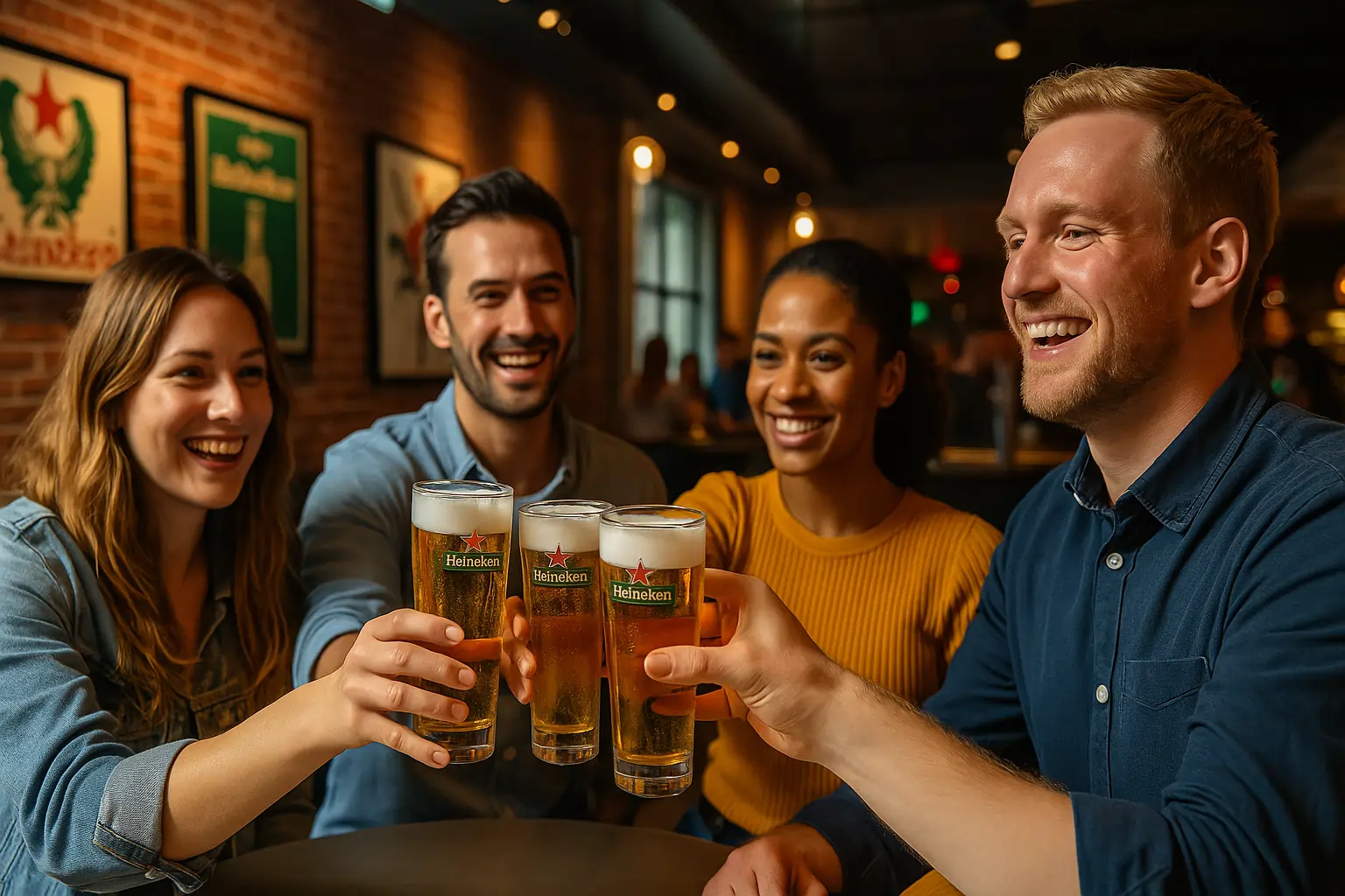 Bezoekers toosten op vers getapte Heineken-bieren in de interactieve proefruimte van de Heineken Experience Amsterdam.