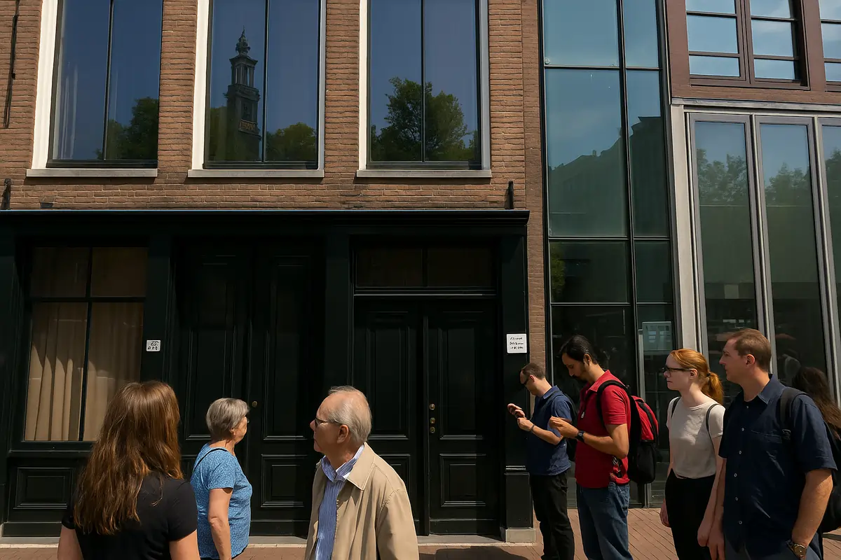 Visitors outside the Anne Frank House on Prinsengracht 263 in Amsterdam, standing by the historic facade and modern glass extension.
