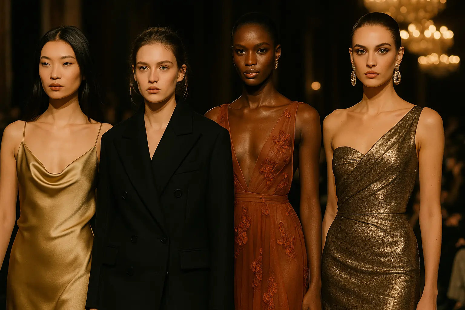 Models in glamorous eveningwear walk the runway at Amsterdam Fashion Week 2025, showcasing gold, black, and red designer gowns under chandeliers.
