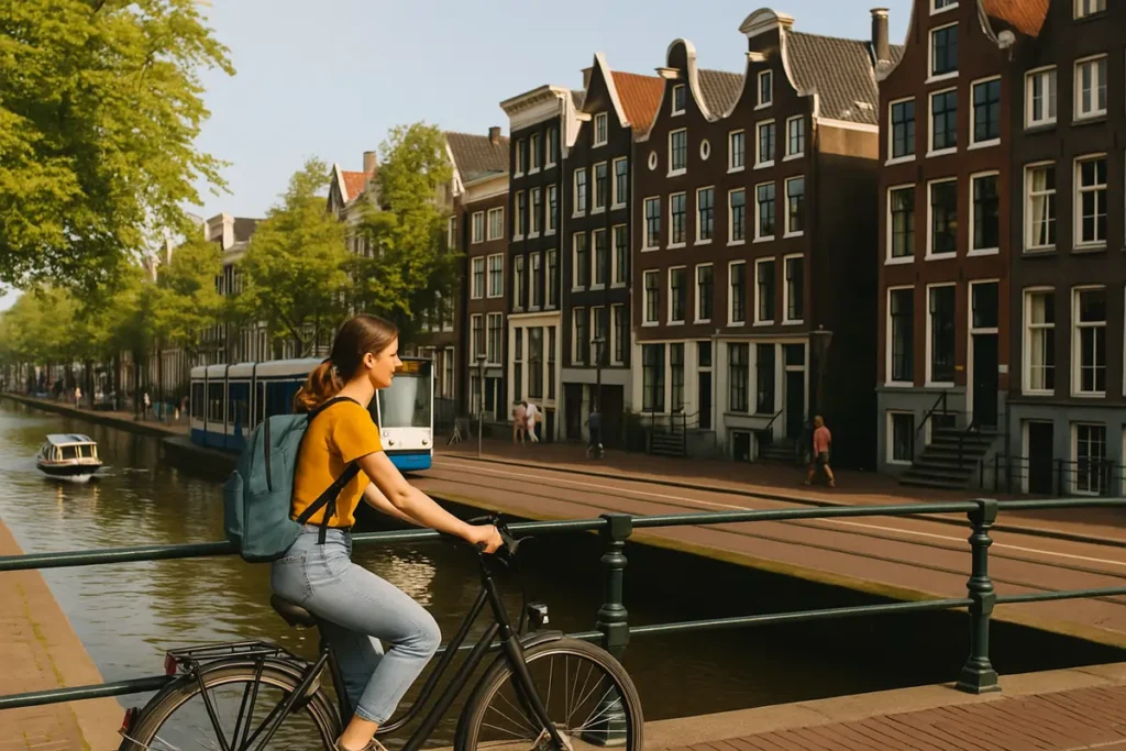 Cyclist crossing an Amsterdam canal bridge with electric tram and canal houses in the background, representing sustainable travel and eco-friendly city life.